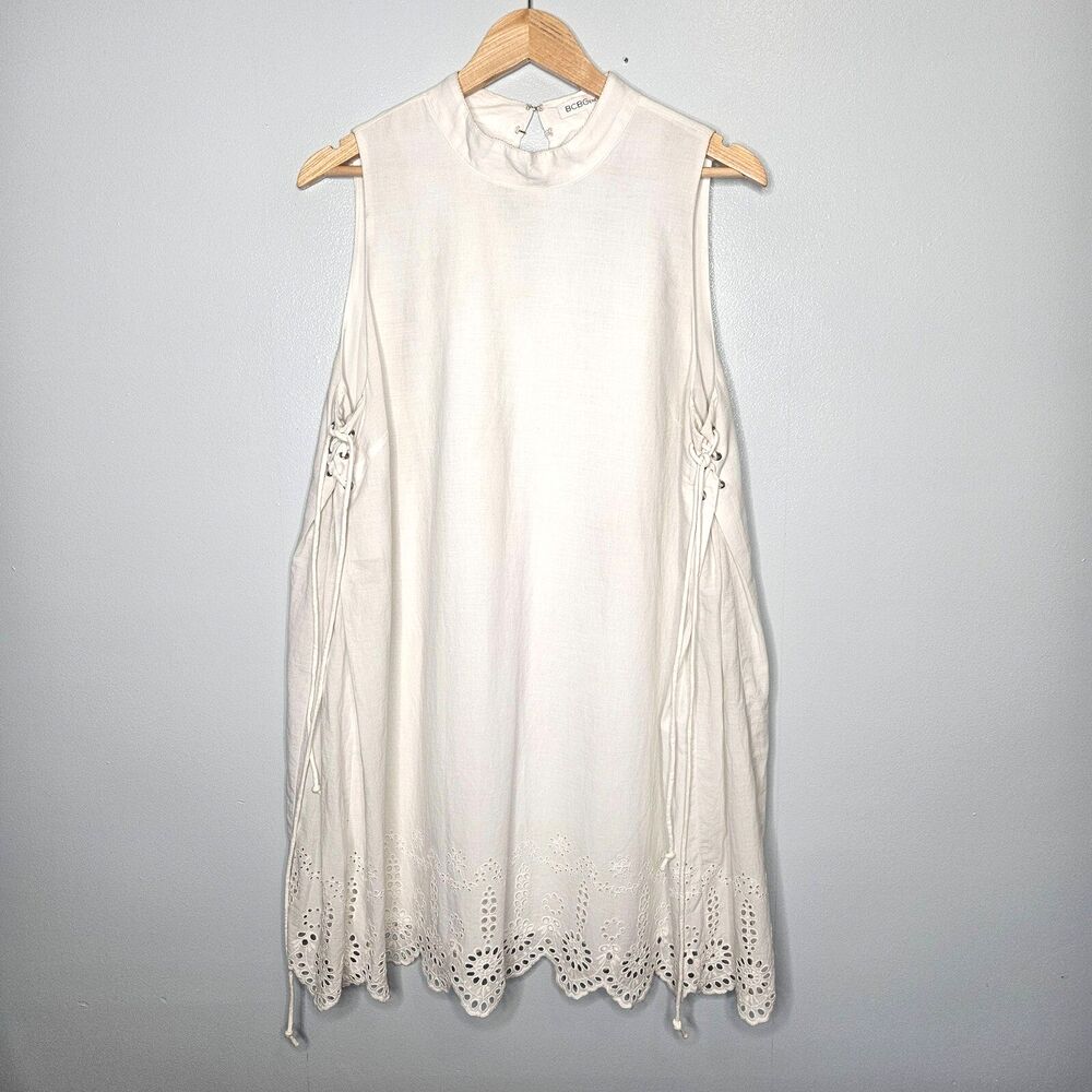 BCBGeneration Sleeveless Cotton Dress Large Eyelet Trim A-Line Lace Up Sides